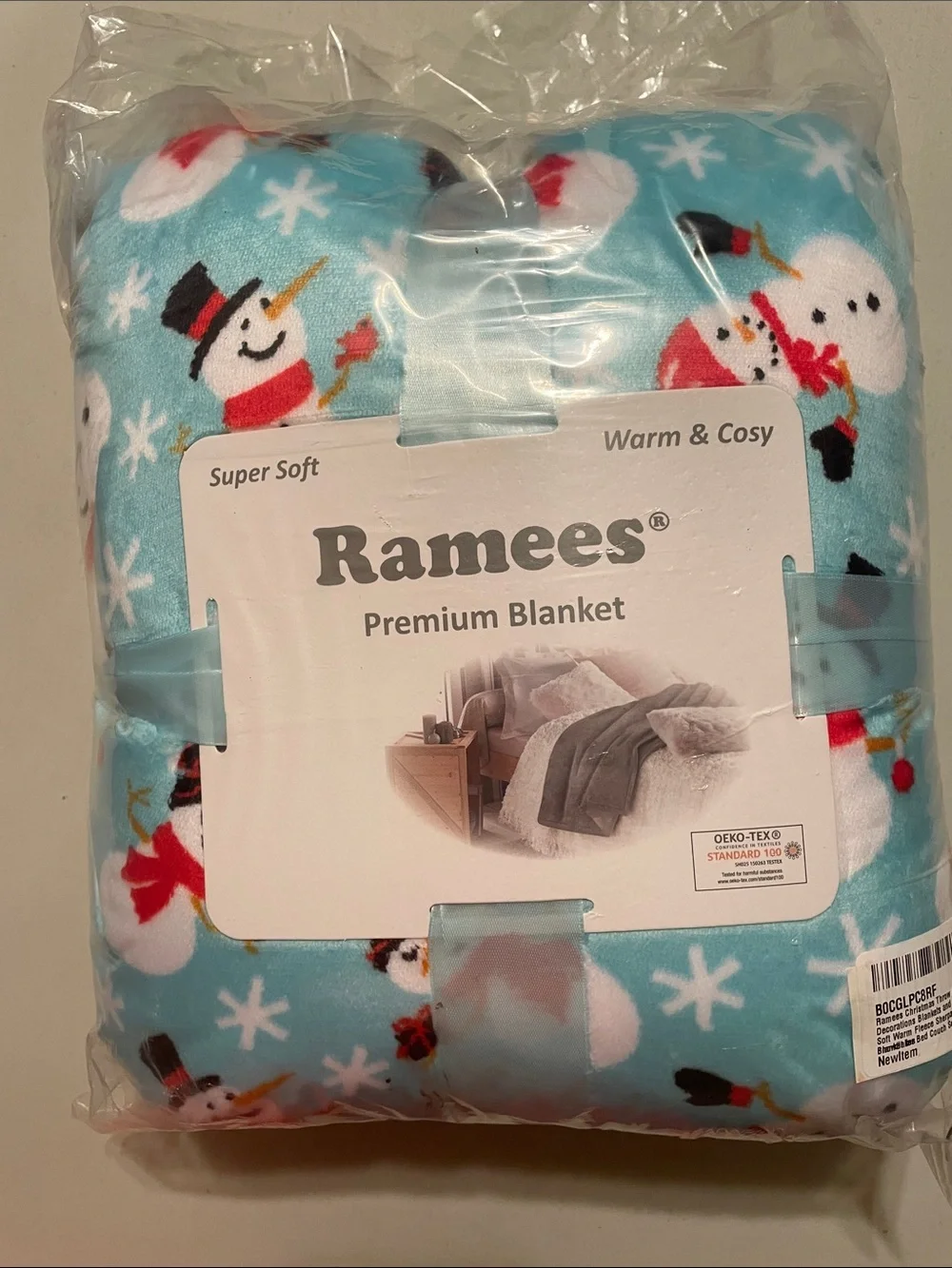 Snowman Plush Blanket - Light Blue New